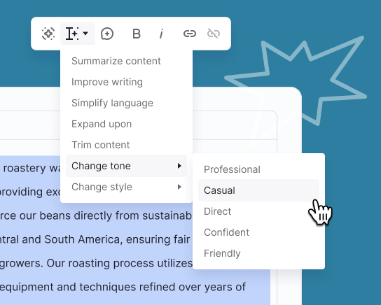 Slickplan’s Content Planner editor showing AI-assisted writing suggestions applied to a content block, with in-editor controls for reviewing and applying changes.