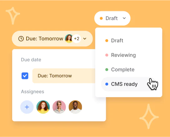Page editor interface showing workflow status set to CMS ready, assigned users, and due date tracking within Slickplan.