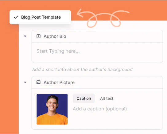 Blog post template in Slickplan with reusable blocks for author bio, author photo, and caption fields.