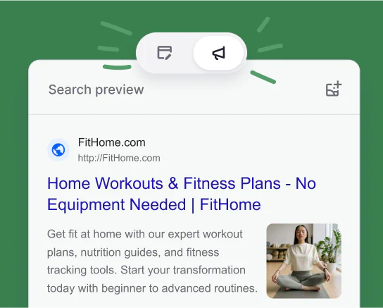 SEO settings view in Slickplan displaying a mobile SERP preview with custom title, URL slug, meta description, and featured image.