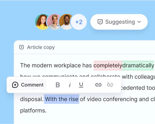 Inline suggestive edits and threaded comments displayed on a rich text block with multiple editors collaborating in suggest mode.