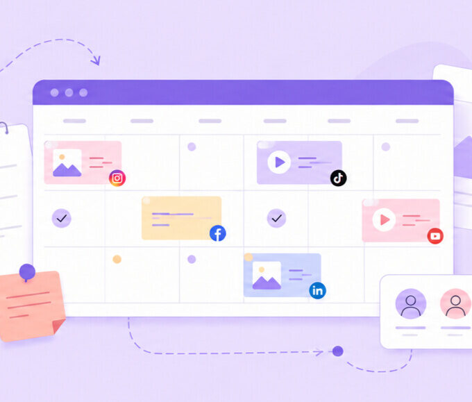 Editorial illustration of a social media content calendar with scheduled posts, workflow planning elements and collaborative content organization.