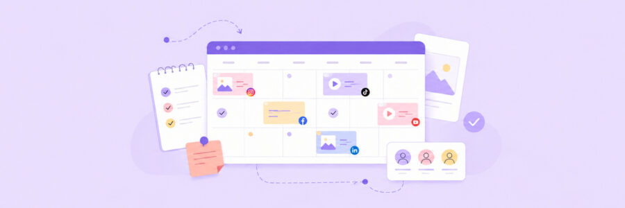 Editorial illustration of a social media content calendar with scheduled posts, workflow planning elements and collaborative content organization.