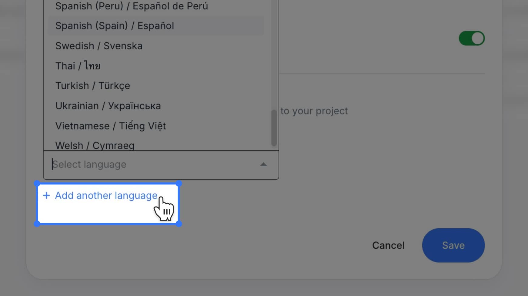 “+ Add another language” link highlighted