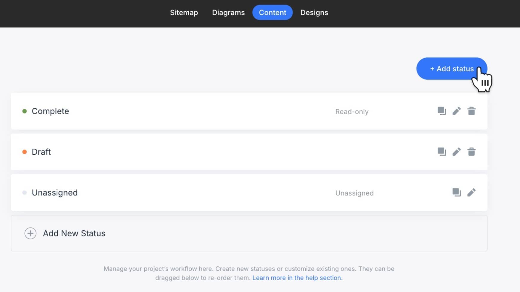 “+ Add status” button above status list