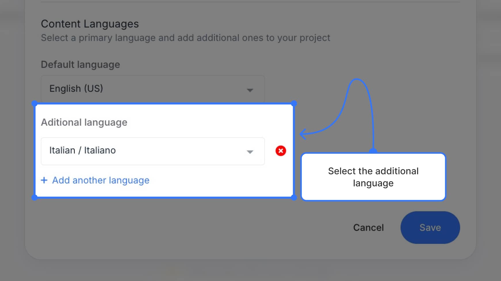Additional language selected from dropdown