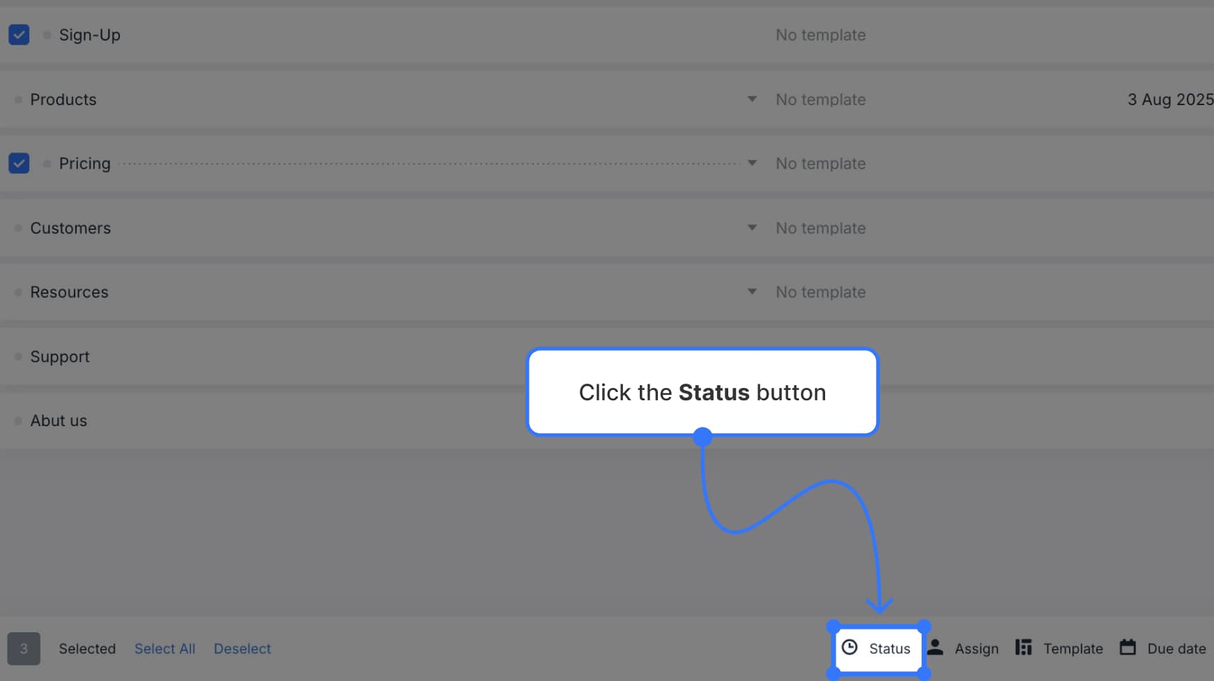 Bottom toolbar visible with the "Status" button clearly highlighted