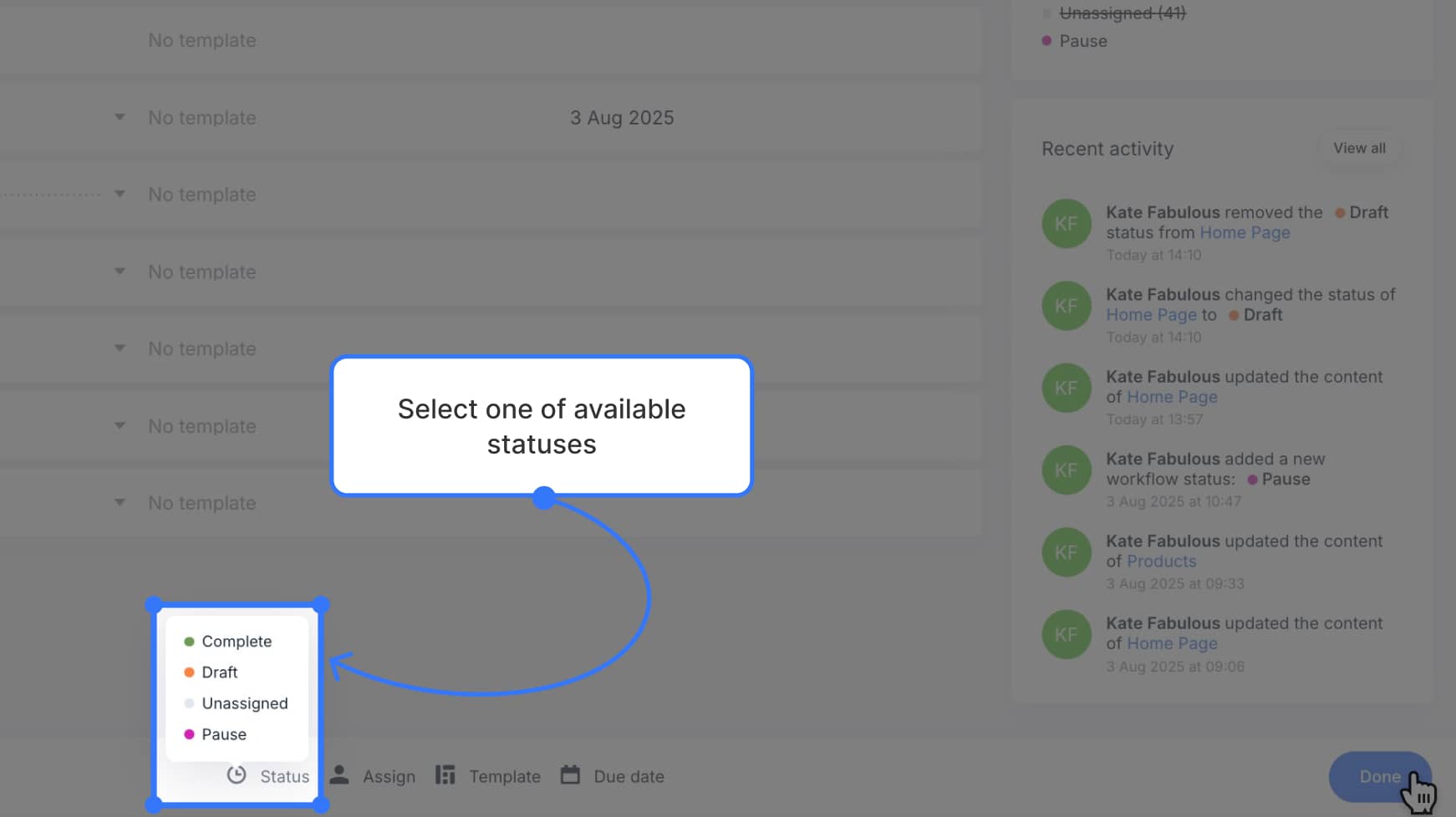 Bulk status dropdown clearly visible with statuses shown, and "Done" button highlighted