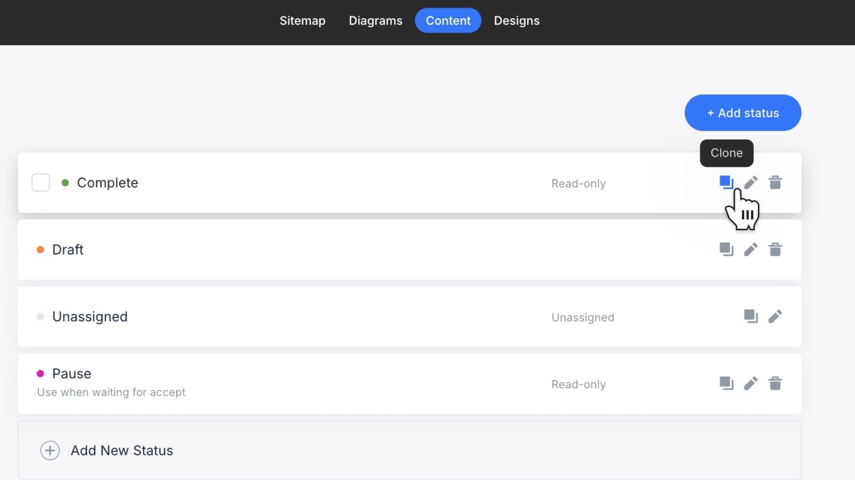 Clone icon visible in status row