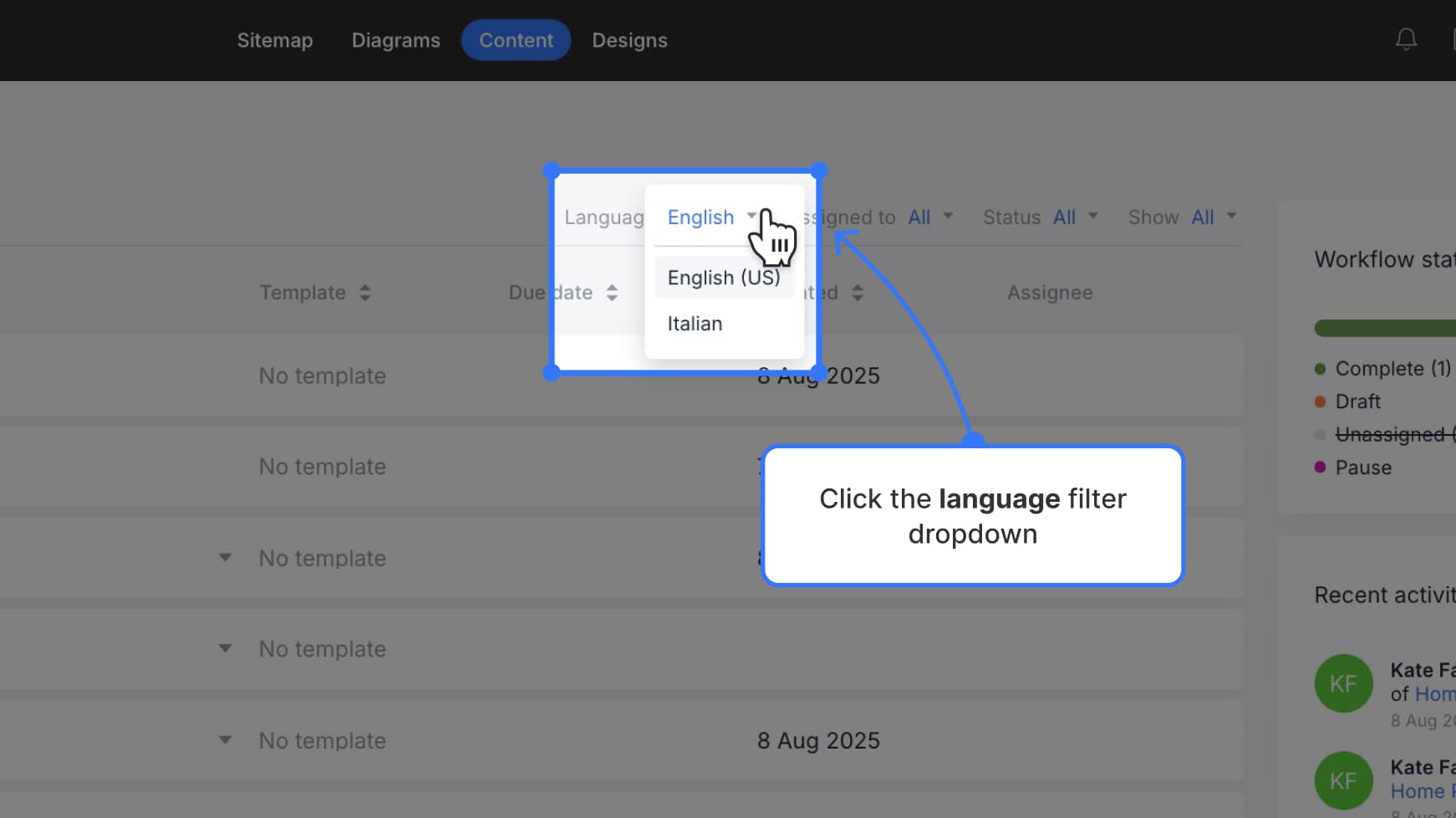 Content dashboard with language filter dropdown highlighted