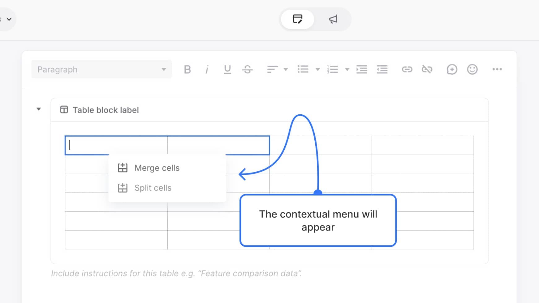 Contextual pop-up with “Merge cells” option visible