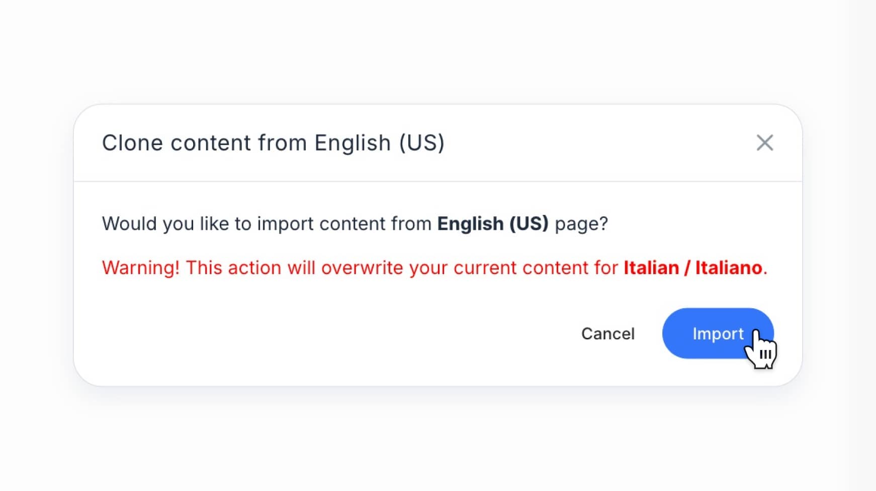 Copy modal with selected language and warning message