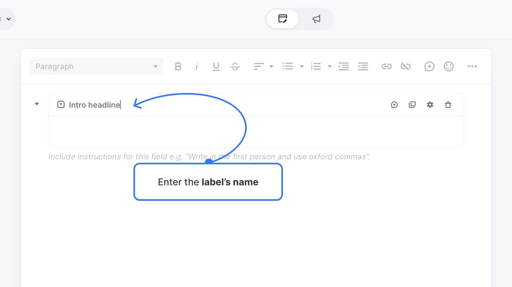 Editable block label shown on a new text block