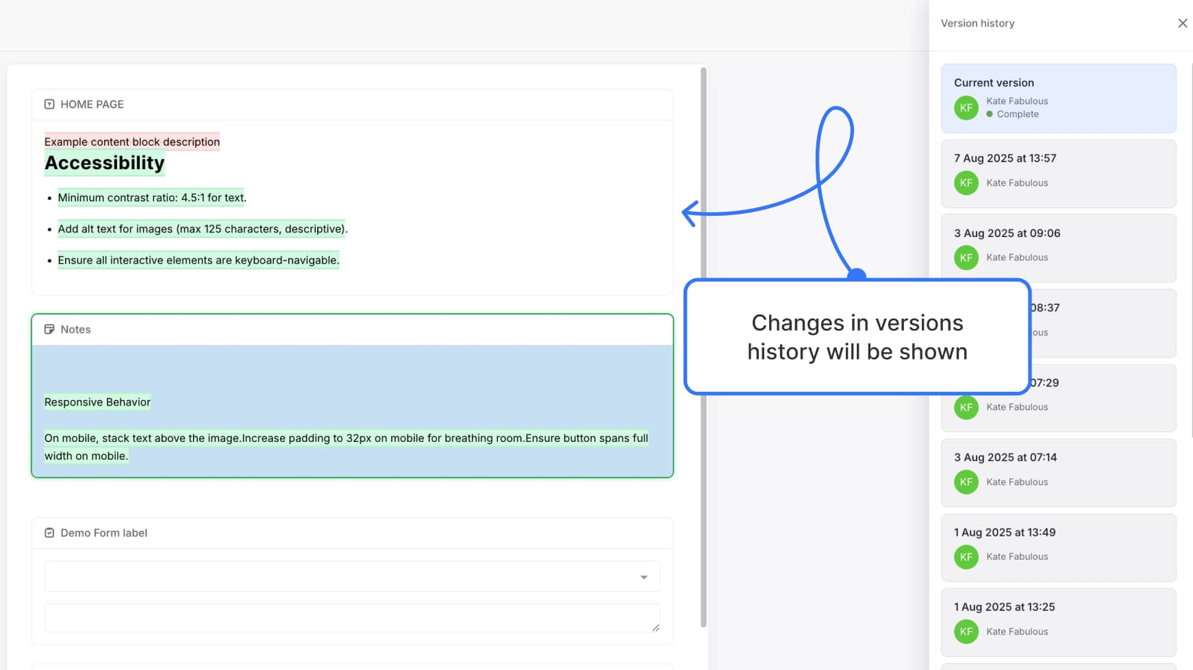 Example of additions and deletions in content preview