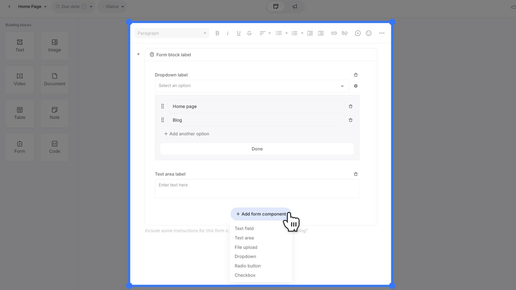 Form with multiple customized fields – highlight "+ Add form component" button and editable field labels