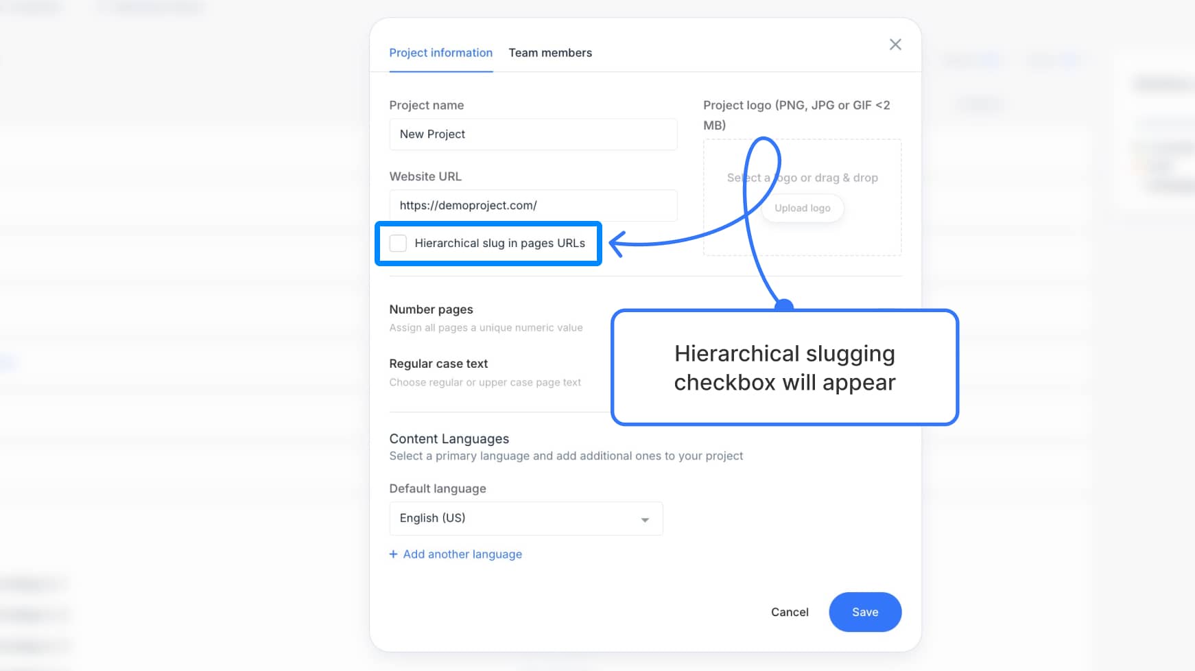 Hierarchical slugging checkbox visible after base URL is entered