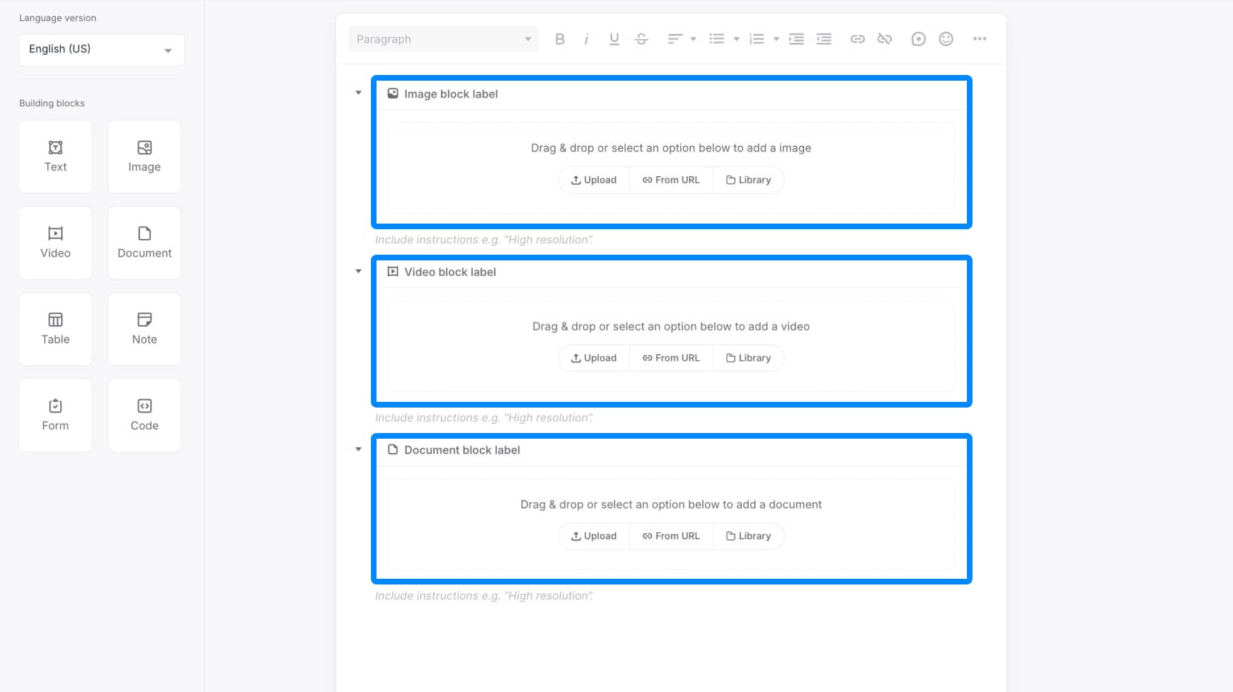 Image, Video, and Document blocks stacked with no files uploaded