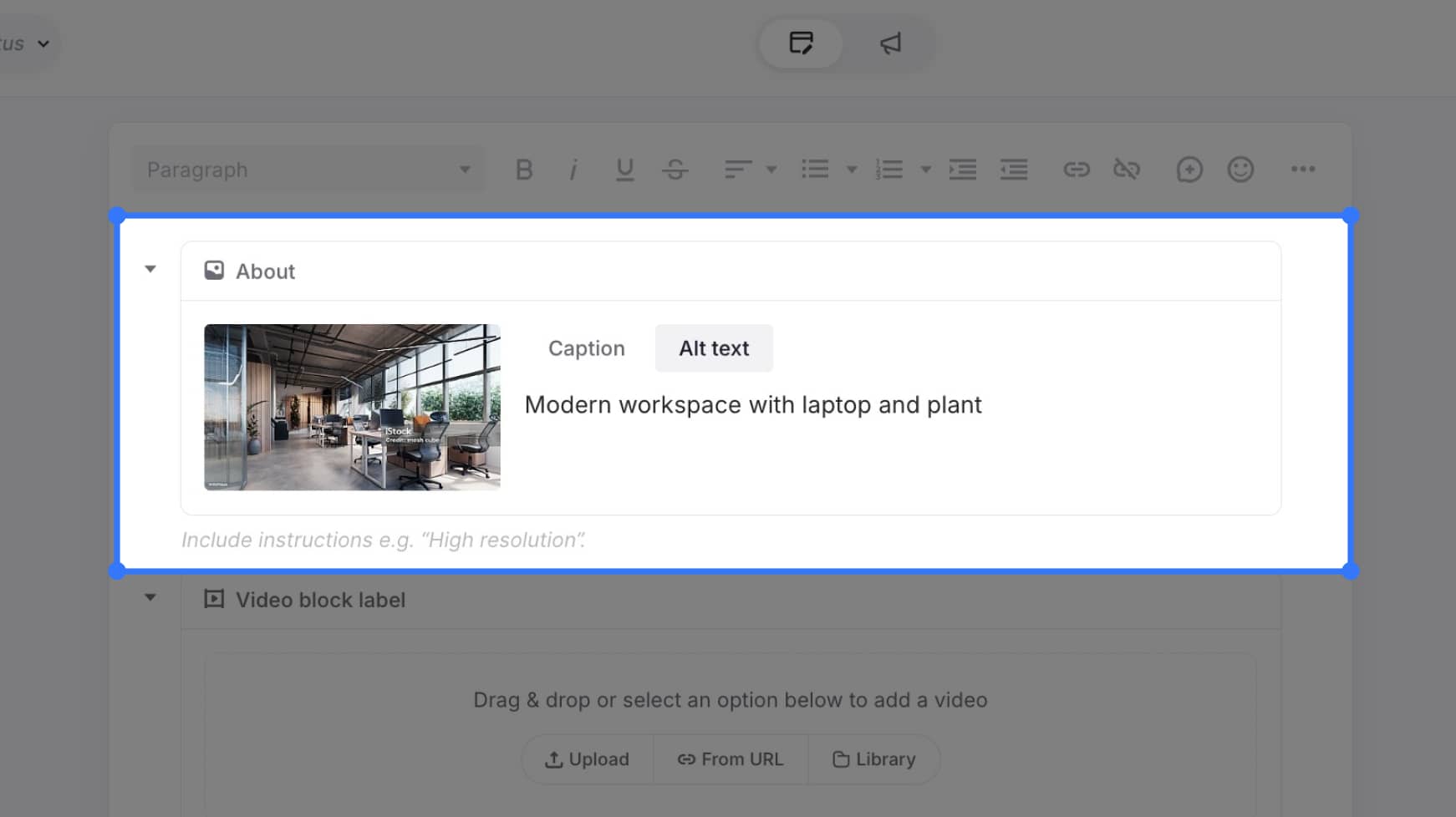 Image block with a sample image, alt text, and caption