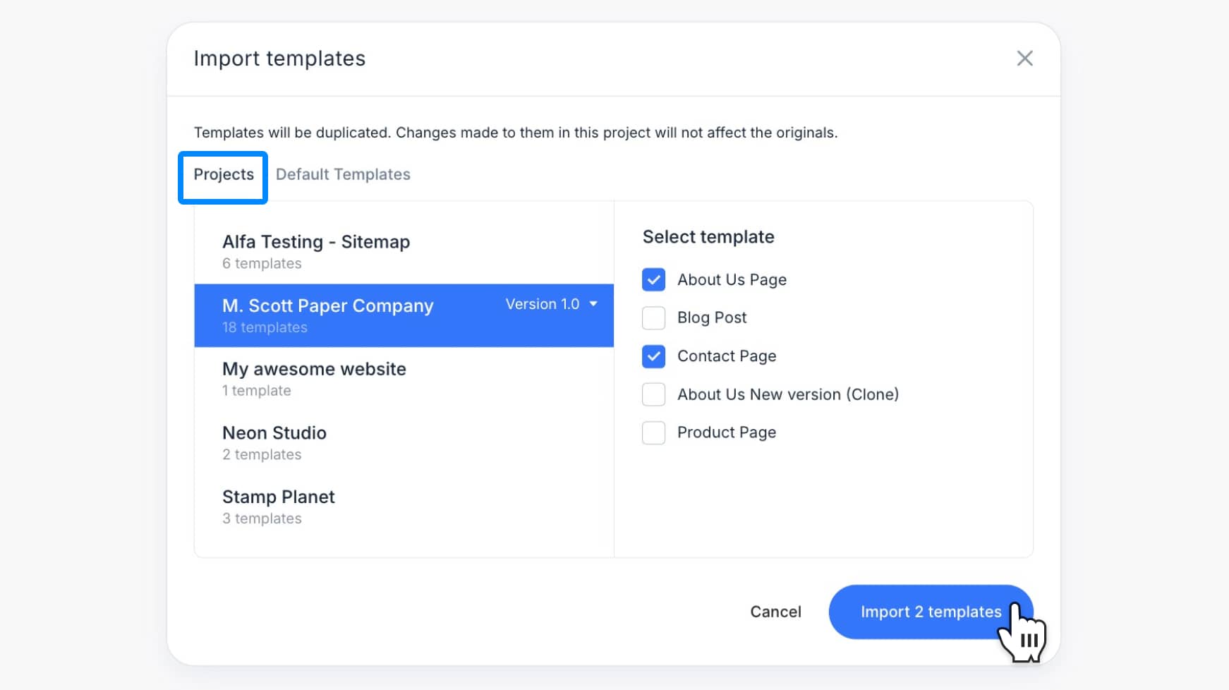 Import modal with Projects tab listing templates from other projects