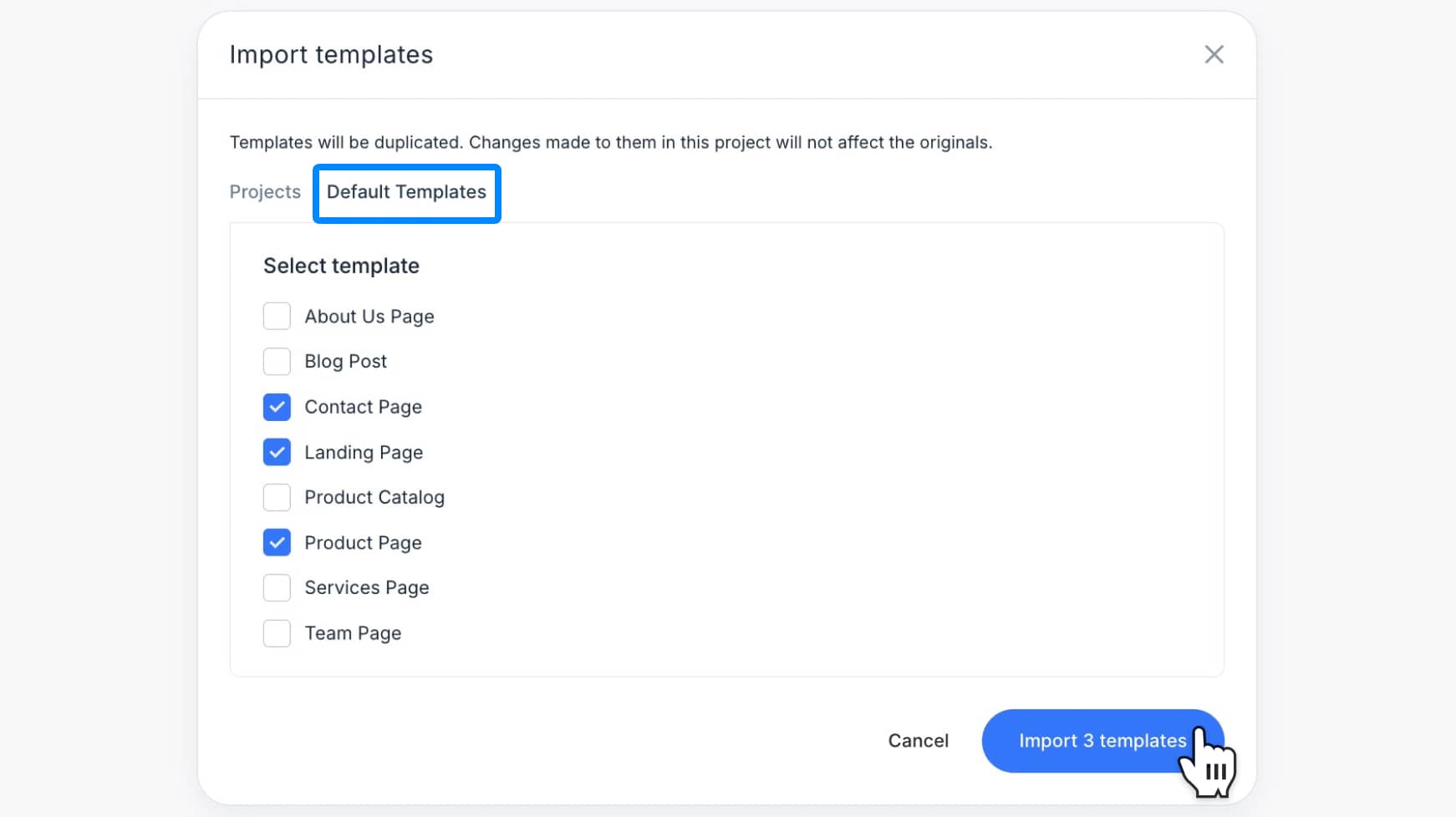 Default Templates tab with common page types available for import