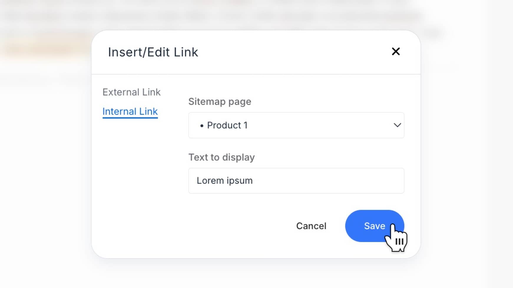 Insert/edit link modal with internal link fields populated