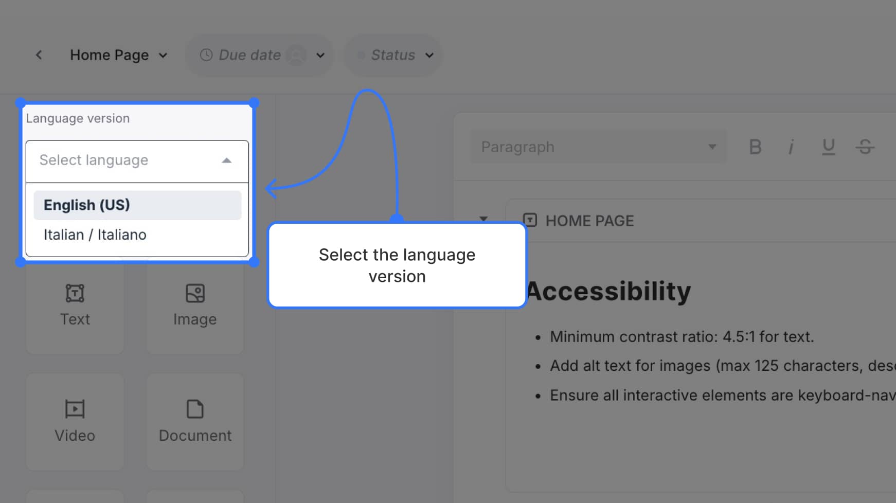 Language version selector above block toolbar