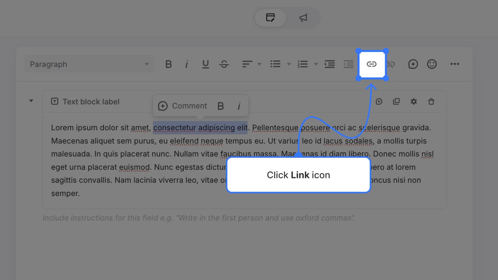 Link icon in content toolbar