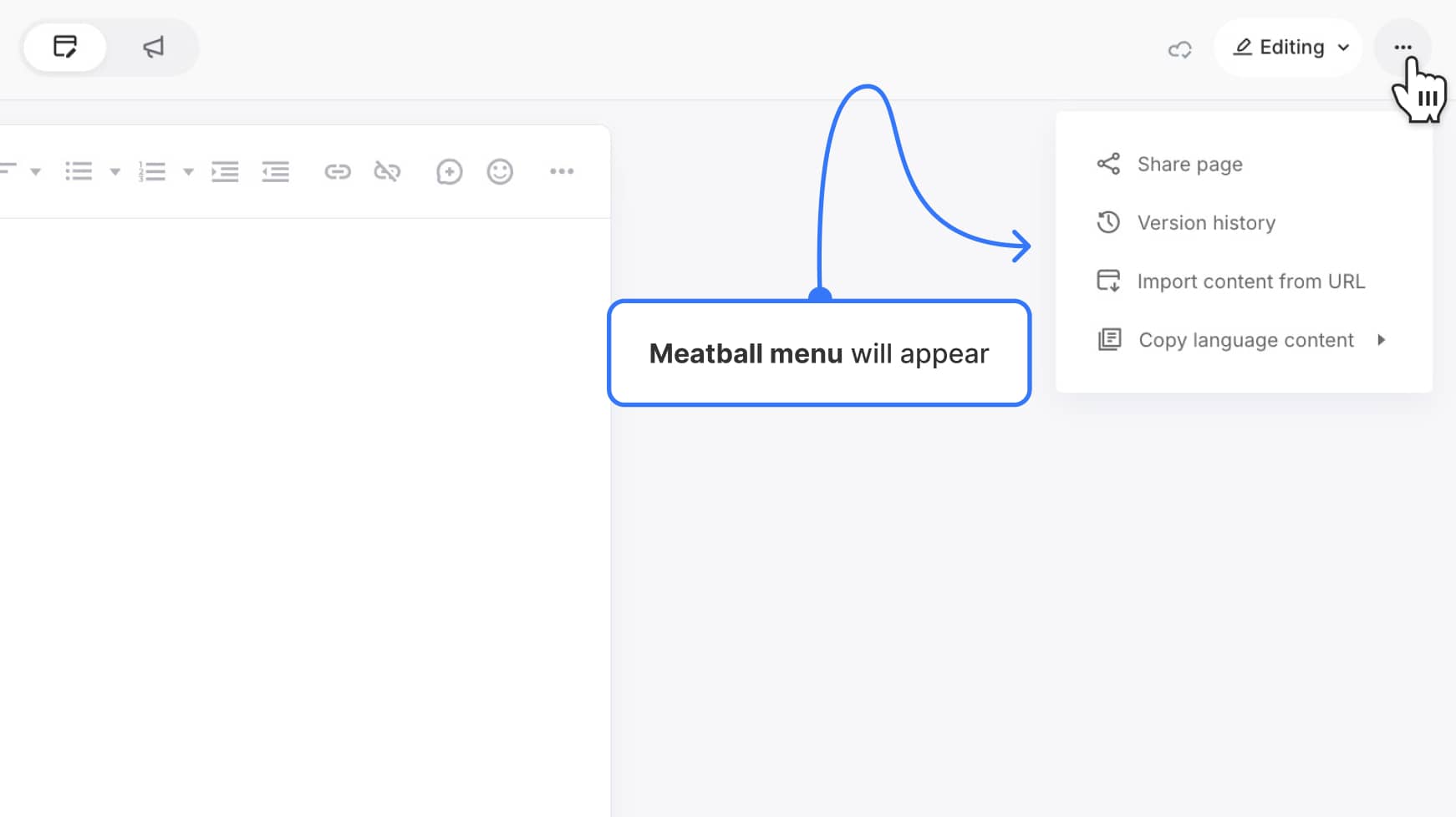 Meatball menu opened in page editor