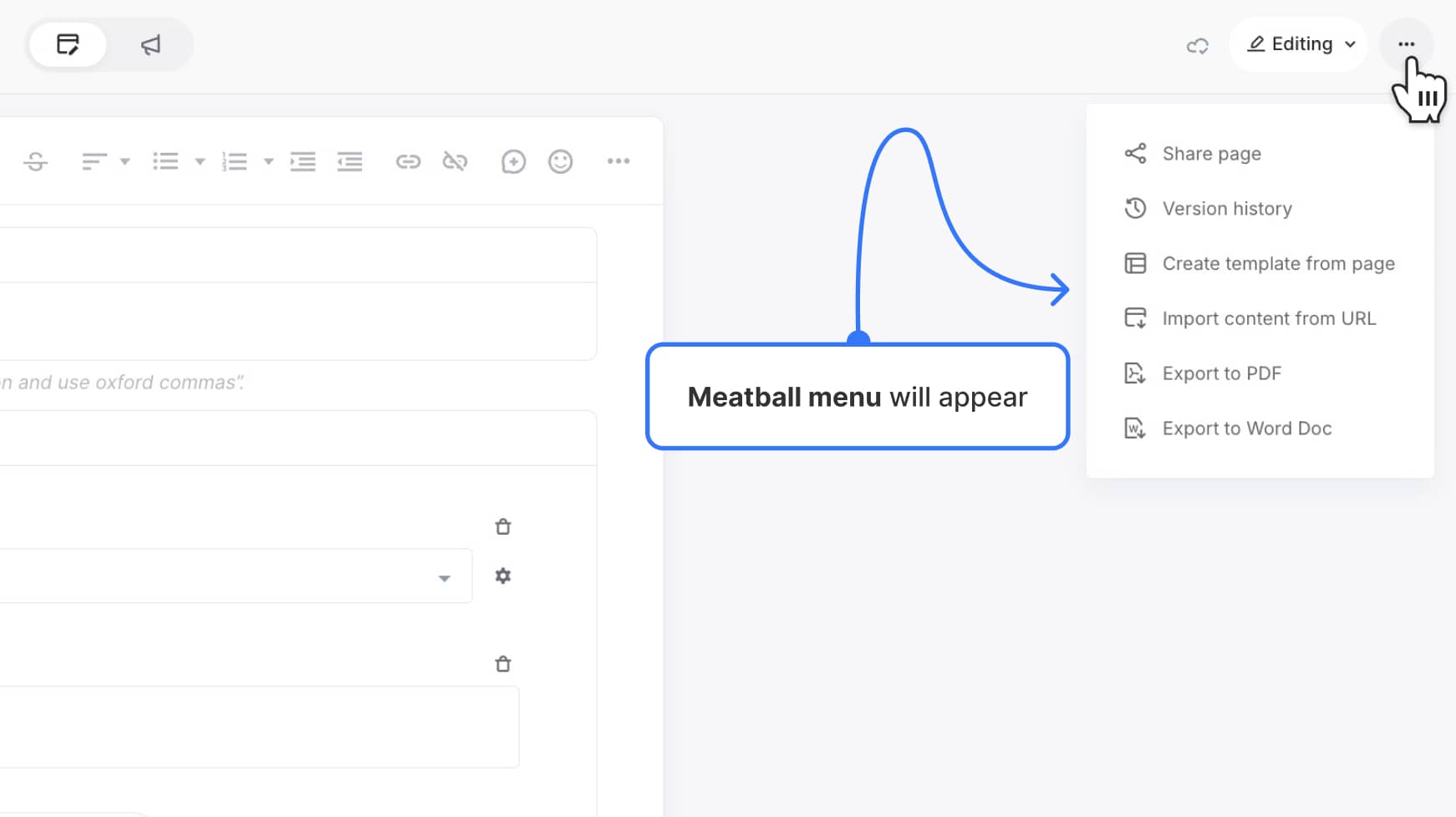 Meatball menu opened in page editor toolbar