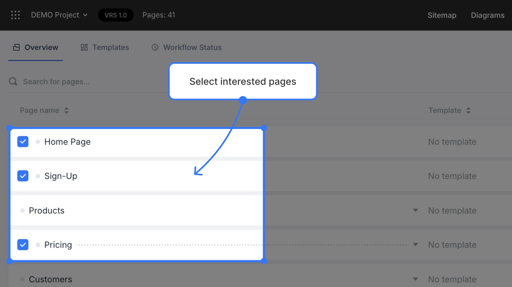 Multiple pages selected within Content Planner dashboard; clearly indicate checkboxes