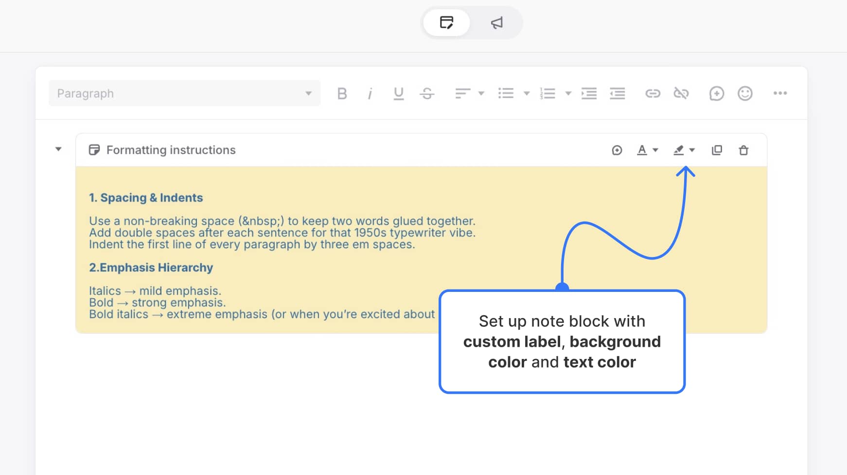 Notes block with custom label, background color, and text color applied