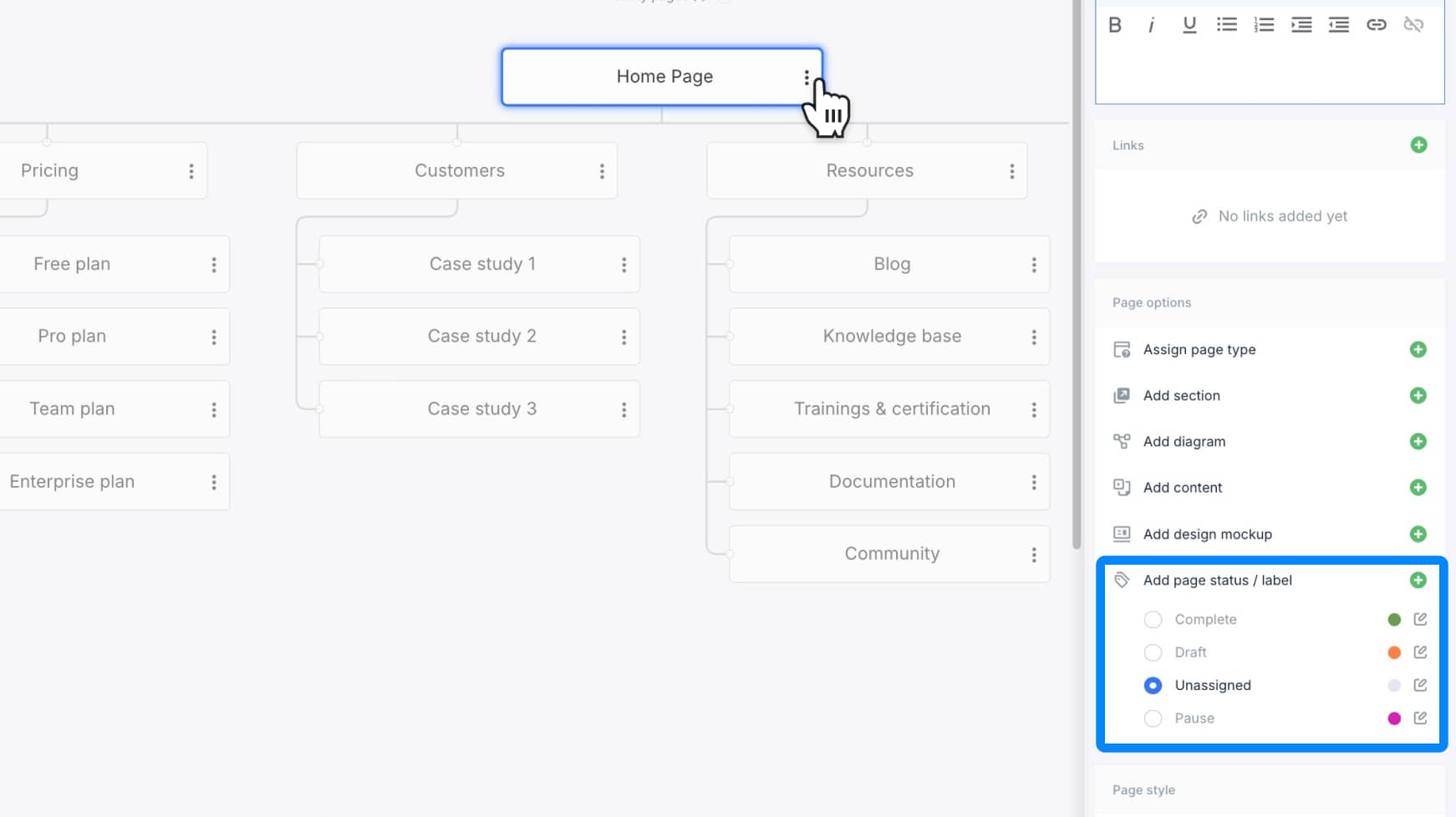 Page Properties panel clearly visible, highlight Status dropdown