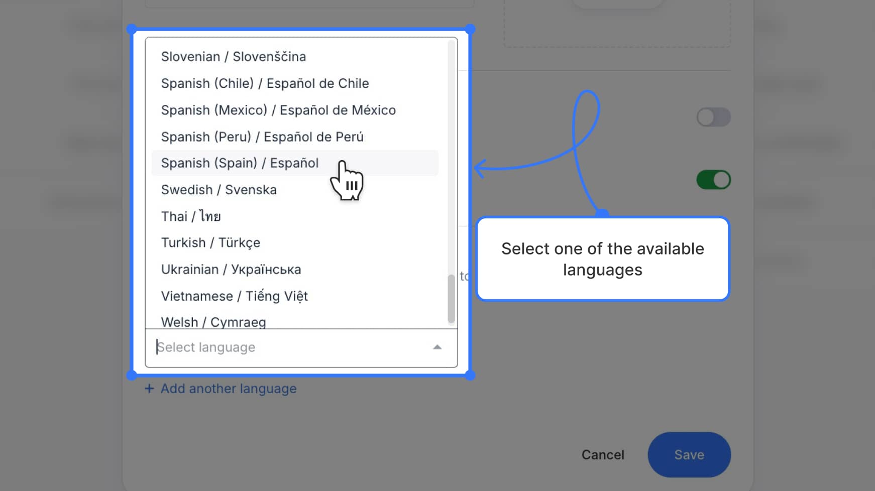 Primary language dropdown opened with language list