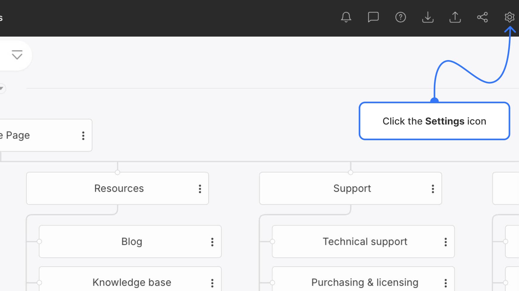 Project navigation bar with Settings icon highlighted