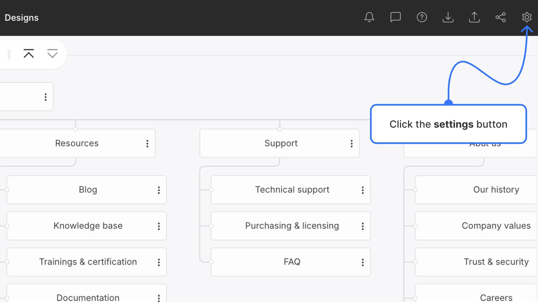 Project settings icon in top navigation bar