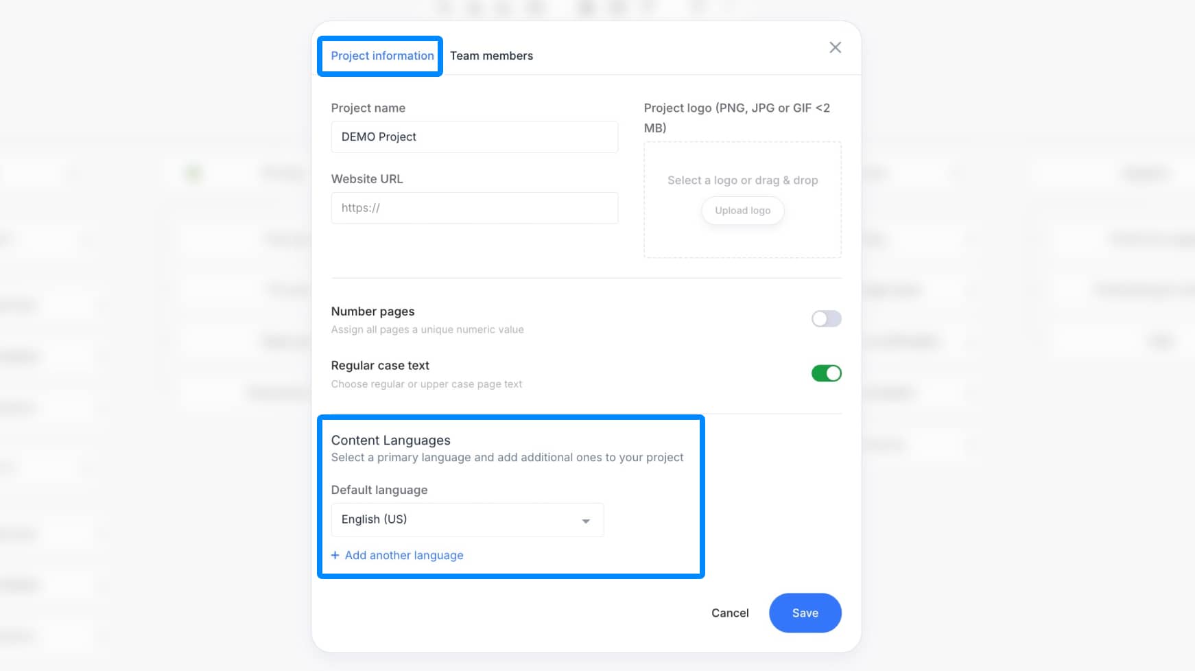 Project settings modal open to Project information tab
