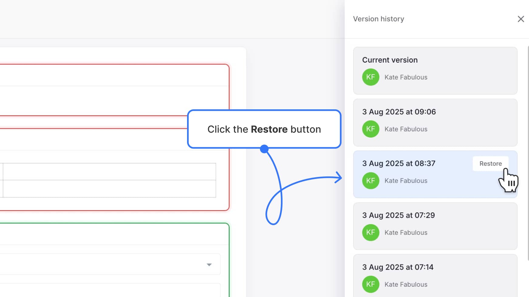 Restore button on selected version