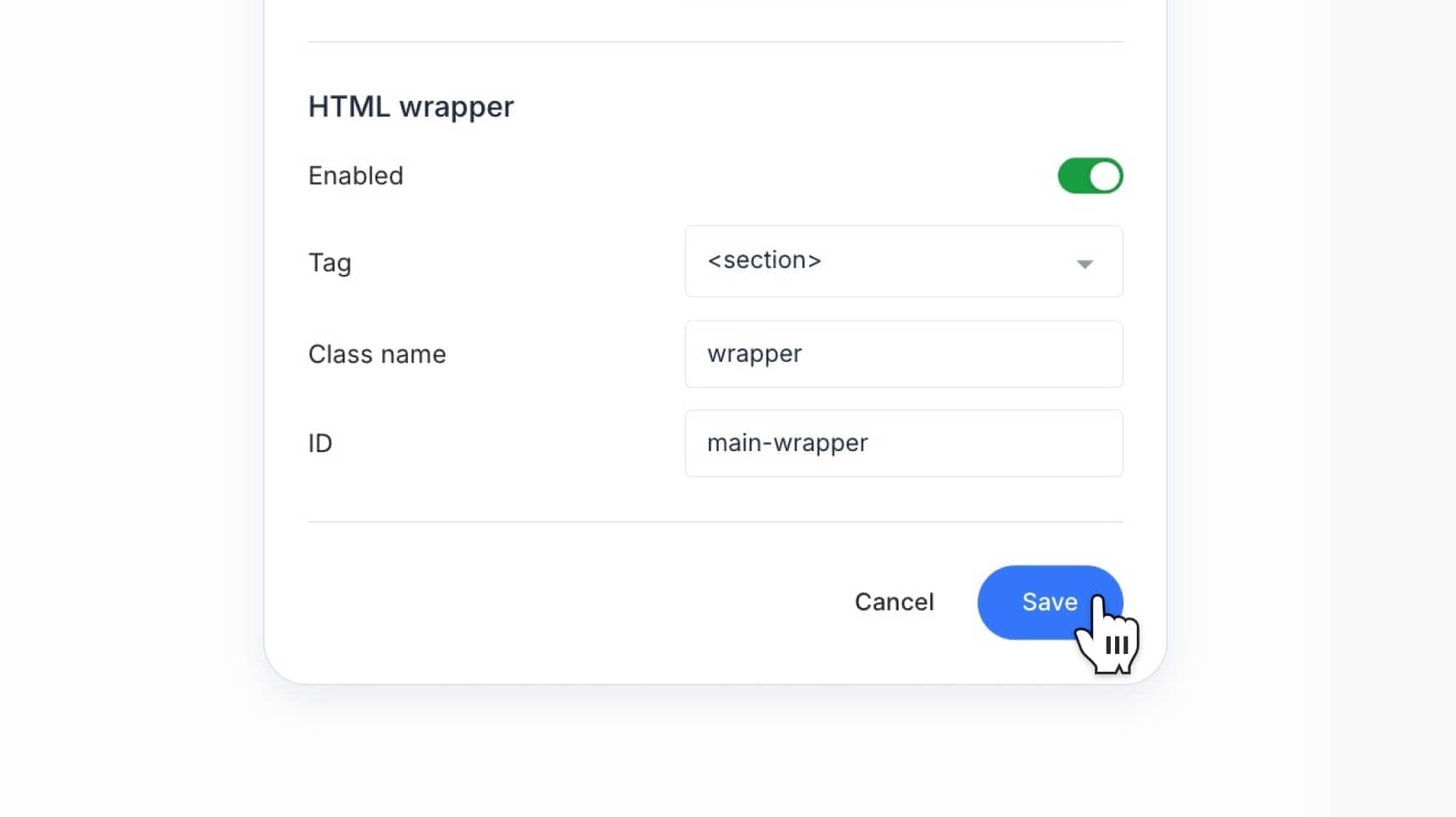 HTML wrapper section with tag menu and class/ID fields visible
