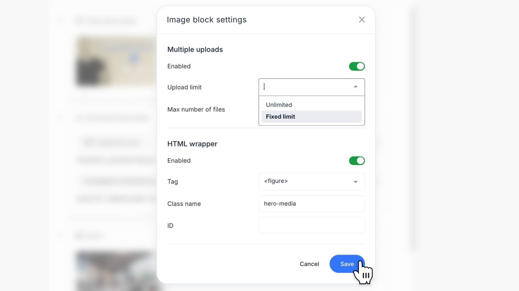 Settings modal open with filled-in fields