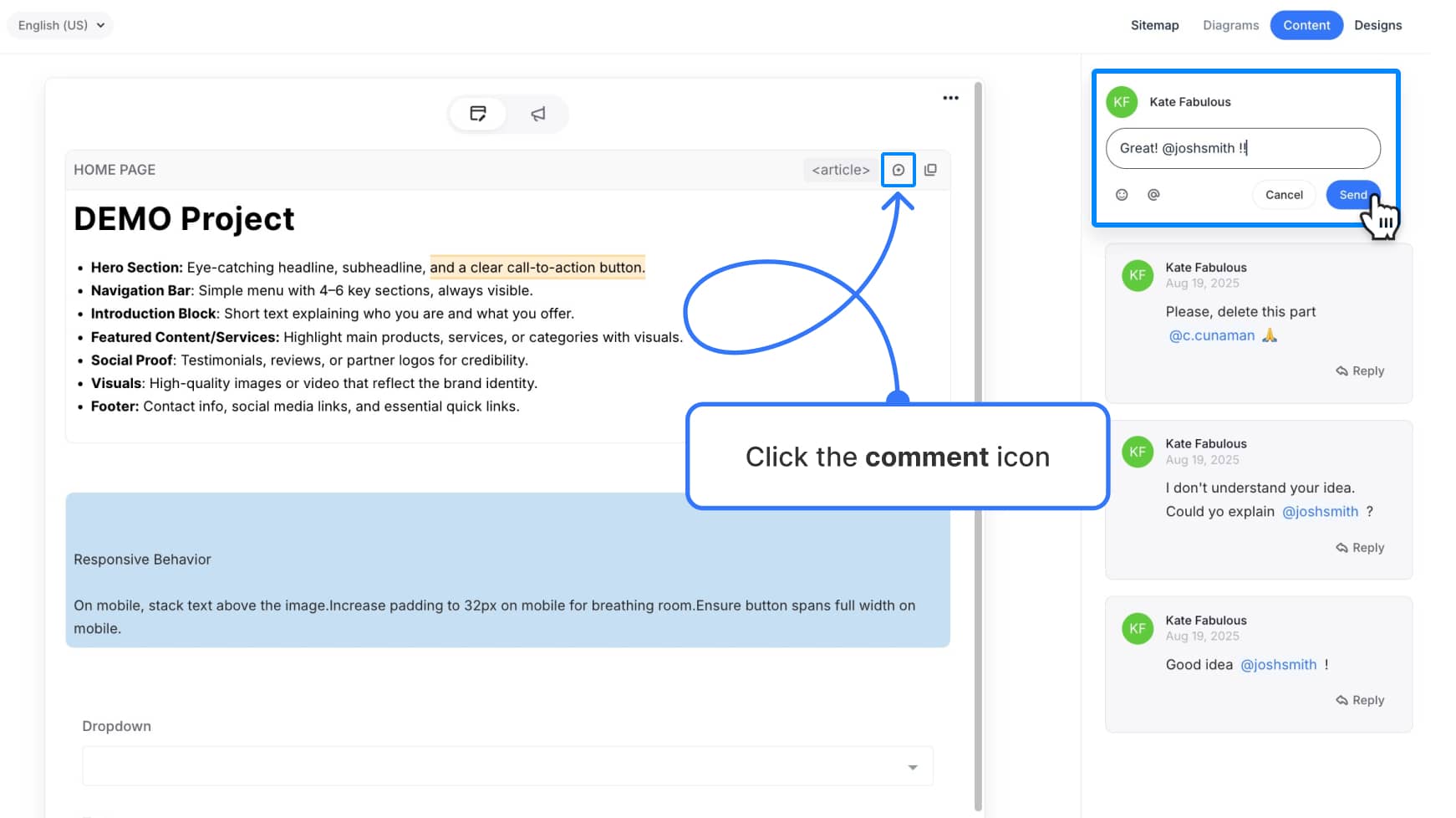Shared content block with visible comment icon and comment card open in preview mode