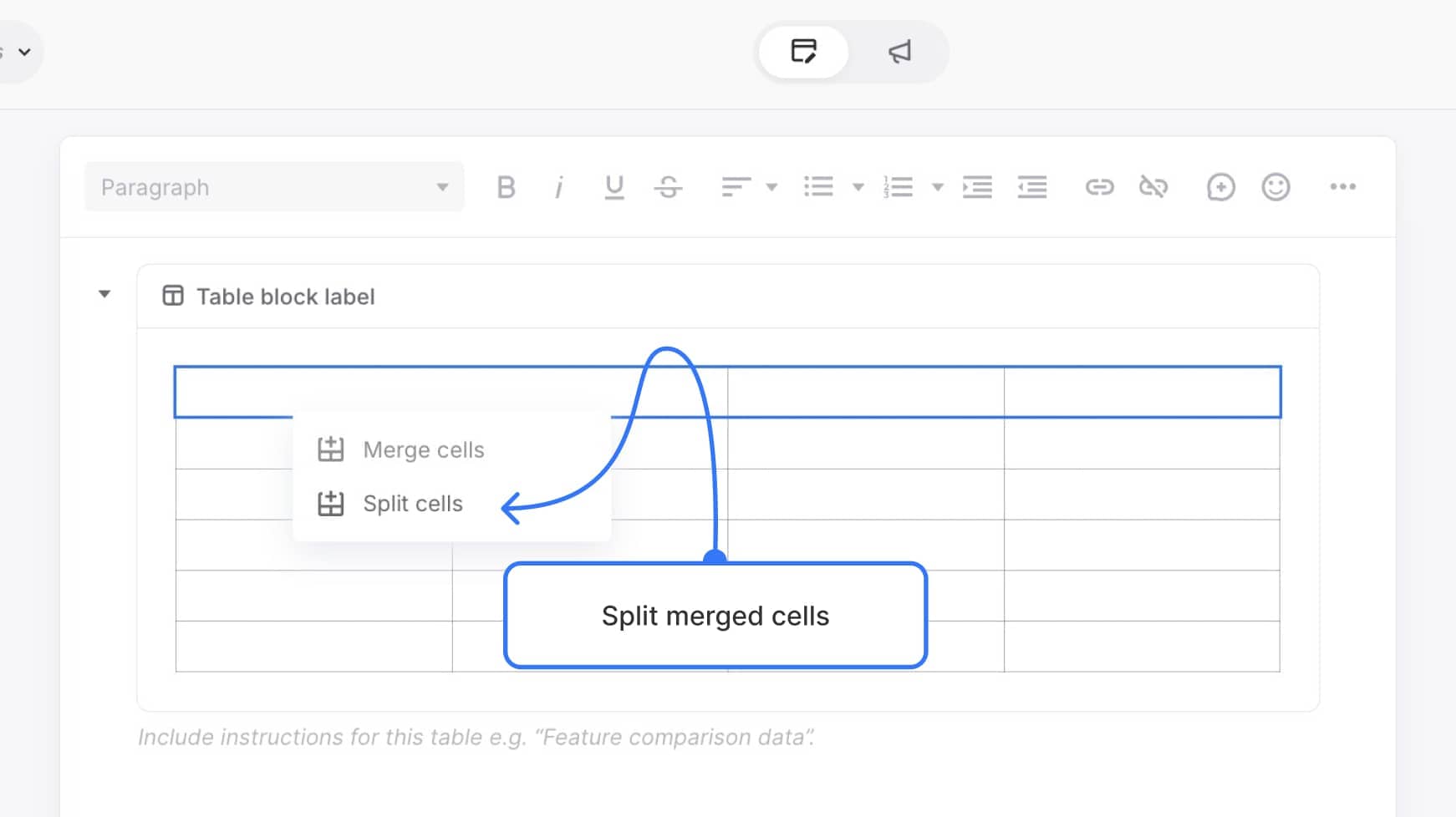 Split cells option available after selecting a merged cell