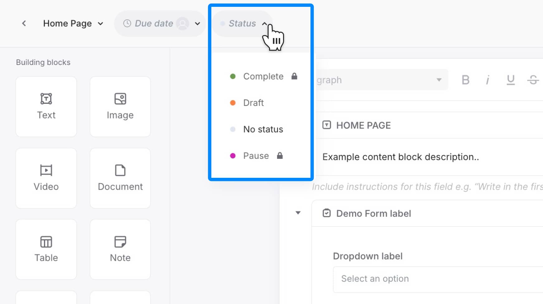 Status dropdown clearly shown within the Content Planner editor