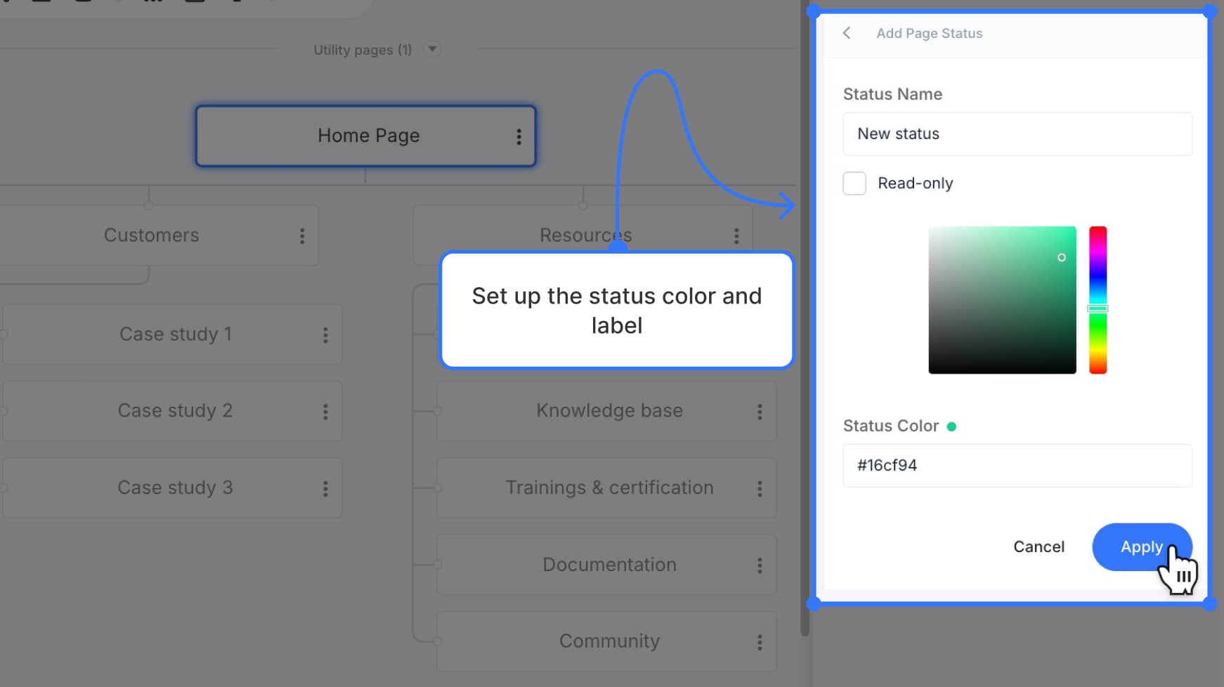 Status dropdown expanded showing available statuses