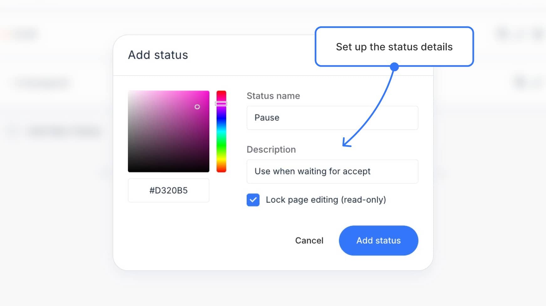 Status modal with example name, color, and lock checkbox selected