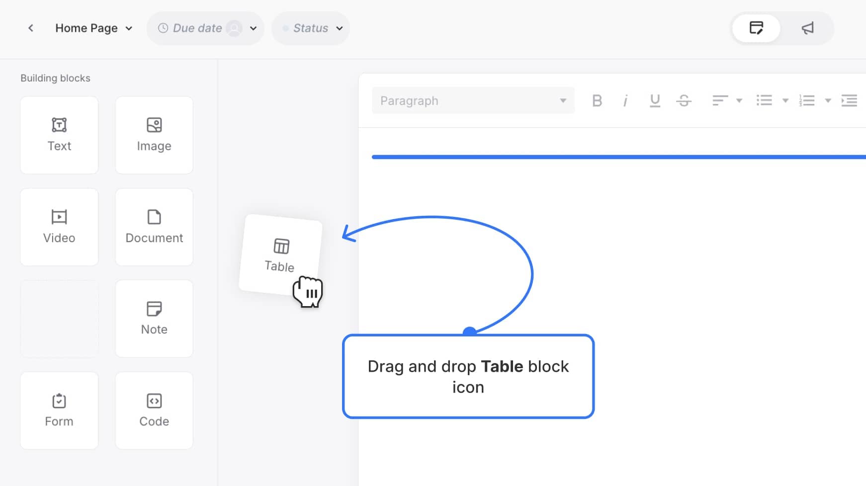 Table block icon in the content editor toolbar being clicked or dragged