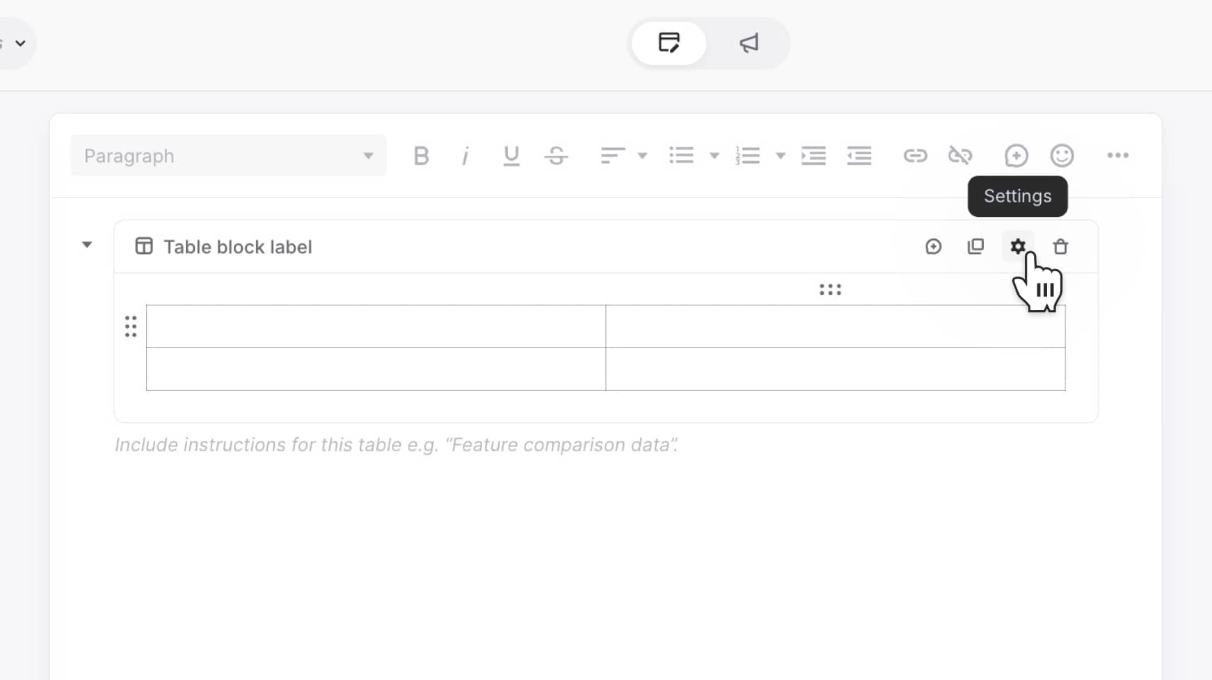 Table block with settings icon highlighted