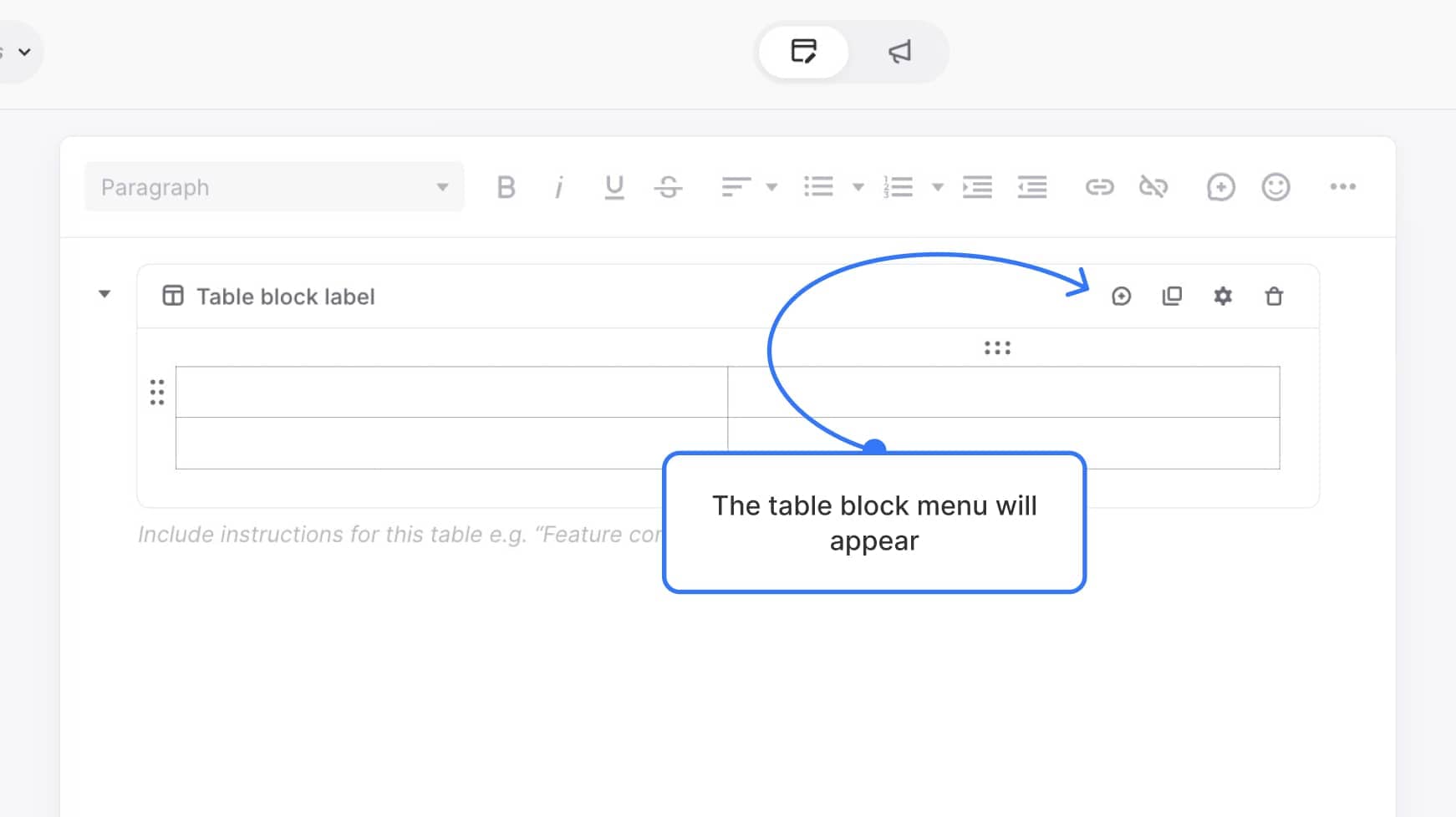 Table cell hovered, menus appearing above and beside the cell