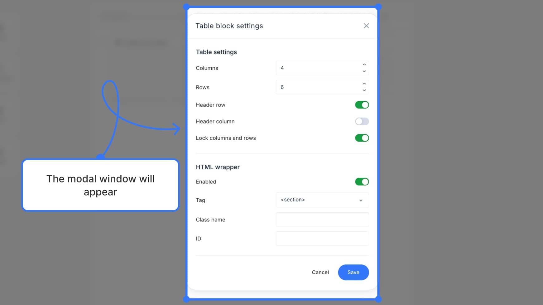 Table settings panel with editable fields and toggle switches visible