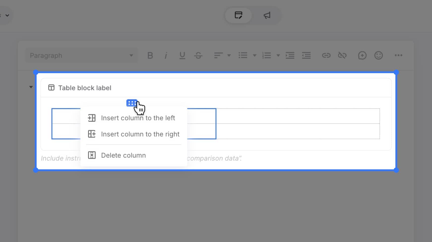 Tooltip with column editing options