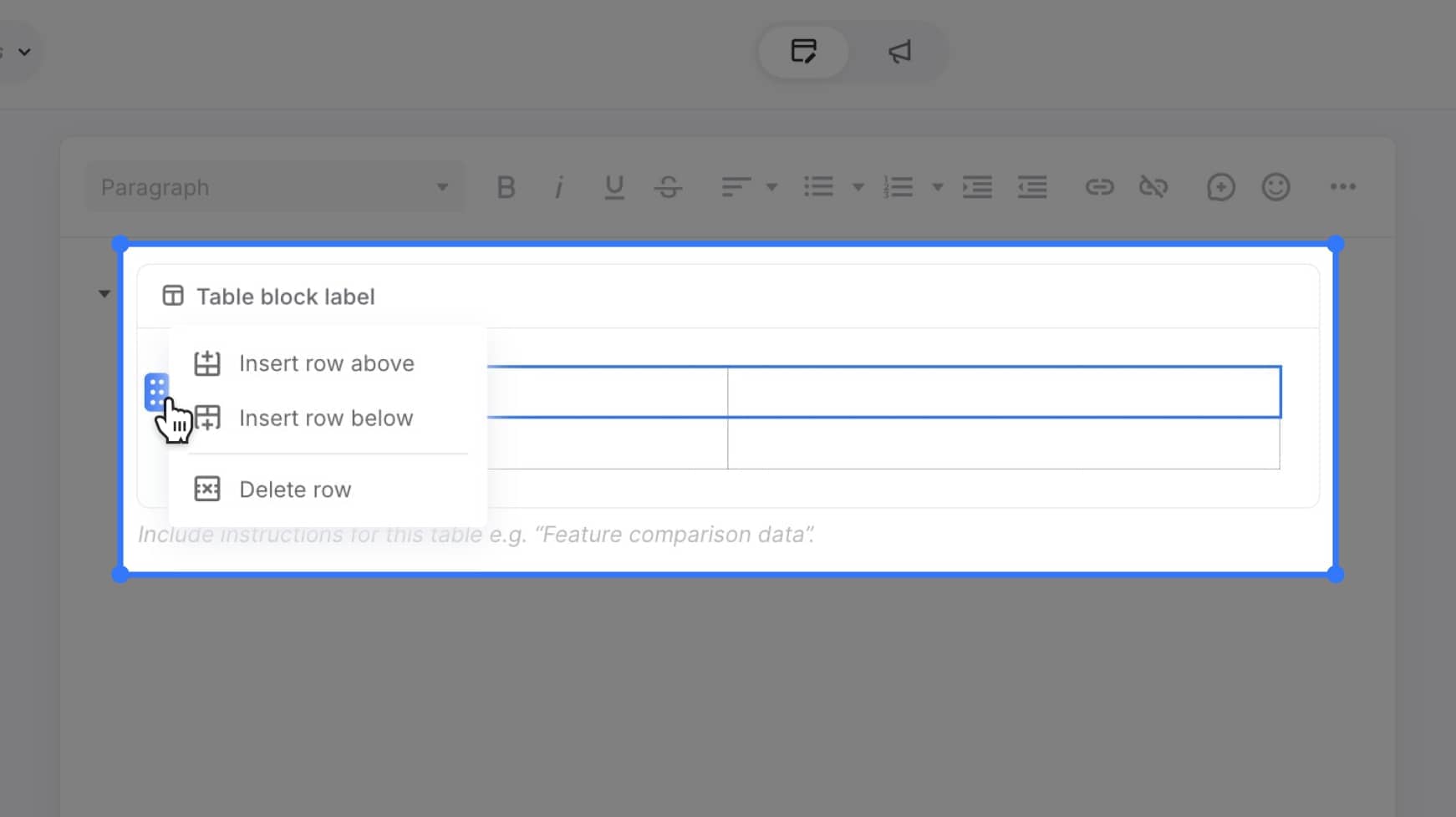 Tooltip with row editing options